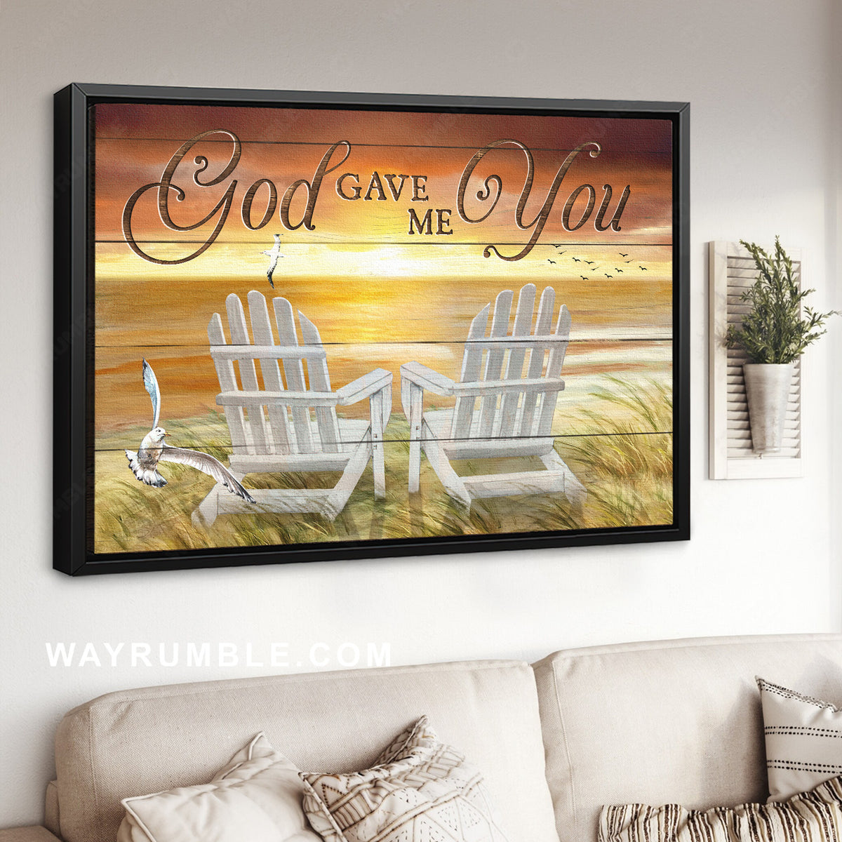 Stunning sunset, Wooden chairs, Lovely seagull, God gave me you - Jesus Landscape Canvas Prints, Home Decor Wall Art