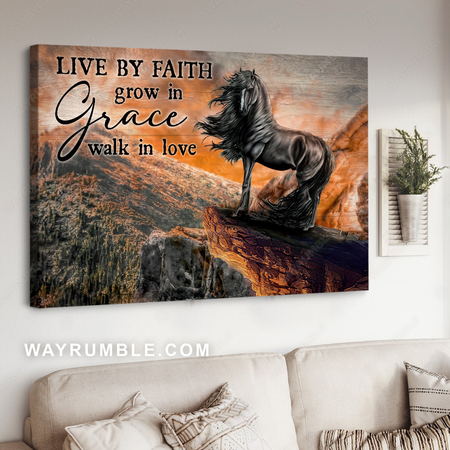 Black horse, Amazing volcano, Live by faith, Grow in grace, Walk in love - Jesus Landscape Canvas Prints, Christian Wall Art