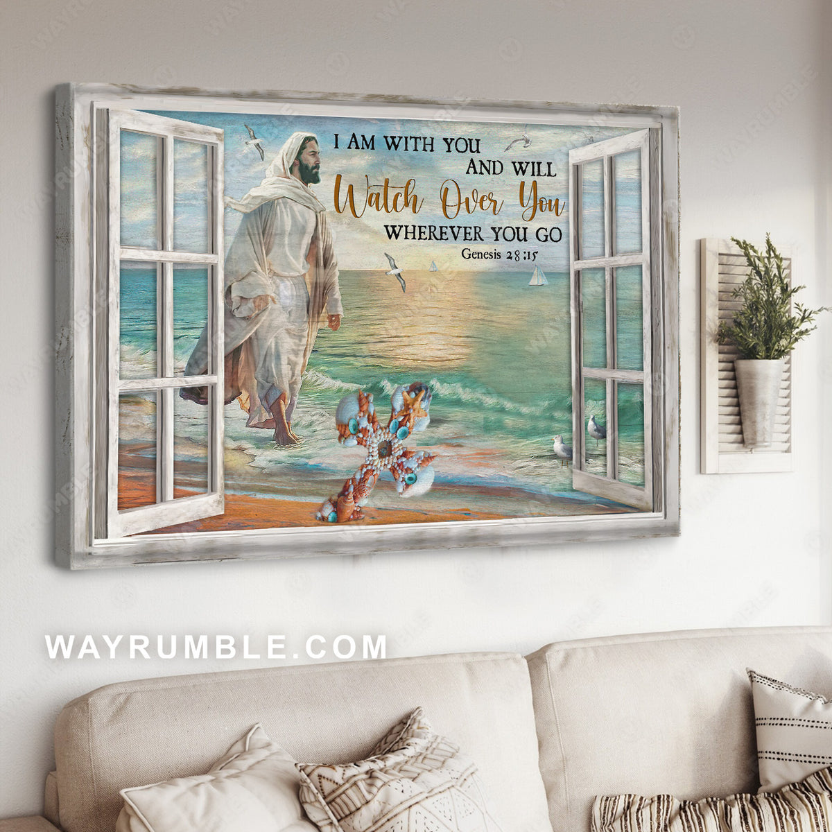 Jesus drawing, Deep ocean, Colorful cross, I am with you - Jesus Landscape Canvas Prints, Christian Wall Art