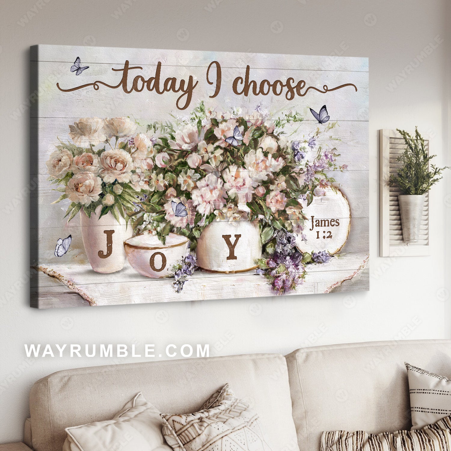 Pastel flower vase, Purple butterfly, Today I choose joy - Jesus Landscape Canvas Prints, Christian Wall Art