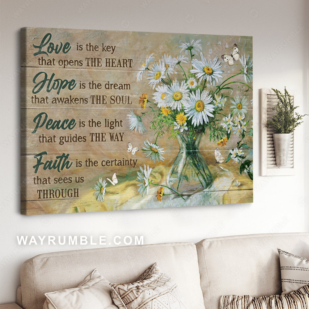 Watercolor daisy, Flower painting, Love is the key that opens the heart - Jesus Landscape Canvas Prints, Christian Wall Art