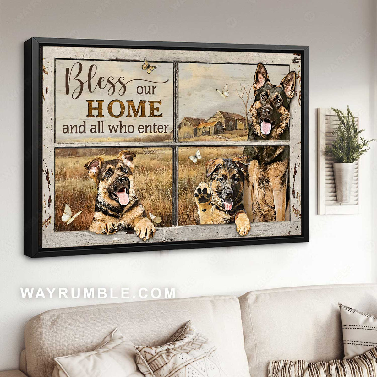 Little German Shepherd, Farm painting, Bless our home and all who enter - Jesus Landscape Canvas Prints, Home Decor Wall Art