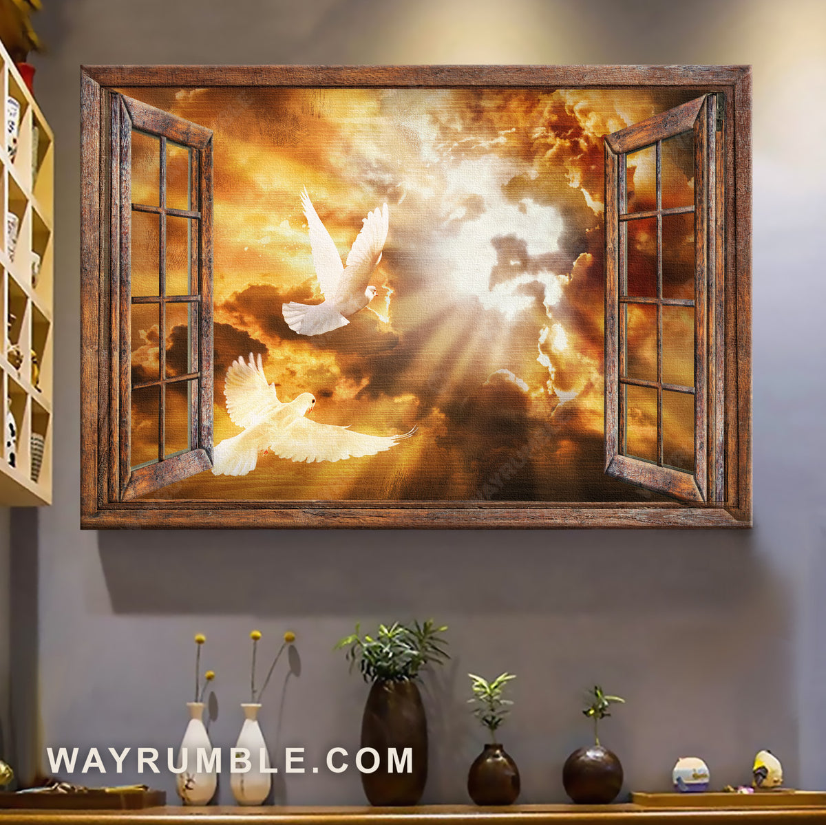 Stunning sunset, White dove drawing, Infinite halo, Wooden window - Jesus Landscape Canvas Prints, Christian Wall Art