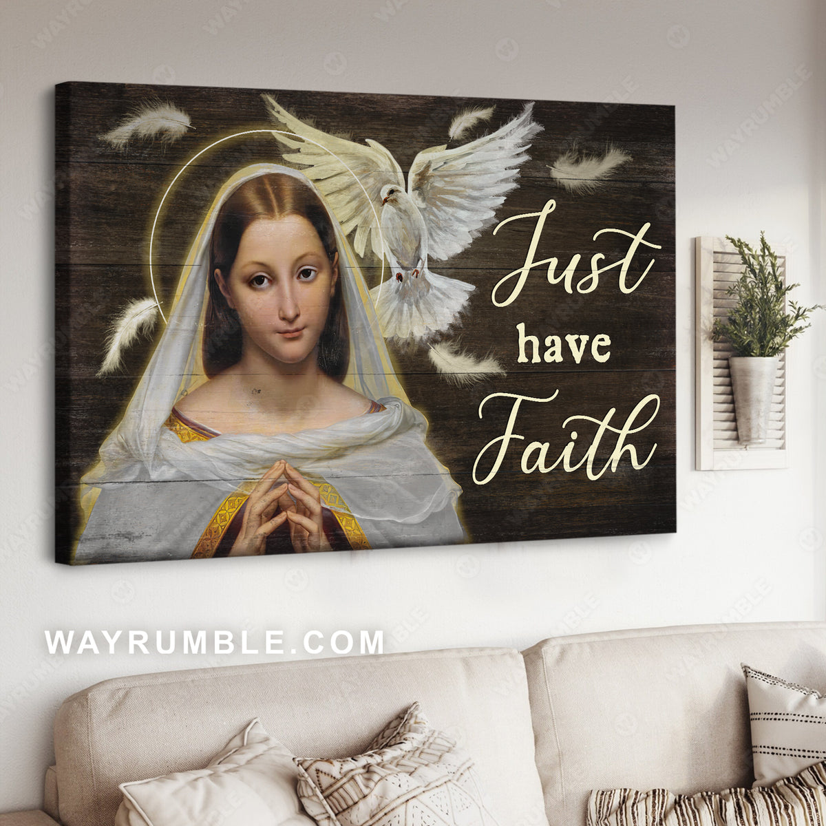 Dear Maria, White dove, Feather drawing, Just have faith - Jesus Landscape Canvas Prints, Christian Wall Art