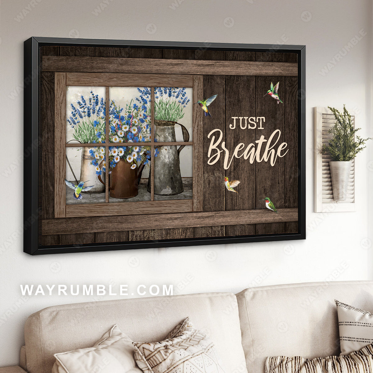 Wooden window, Pretty flower vase, Lovely hummingbird, Just breathe - Jesus Landscape Canvas Prints, Home Decor Wall Art