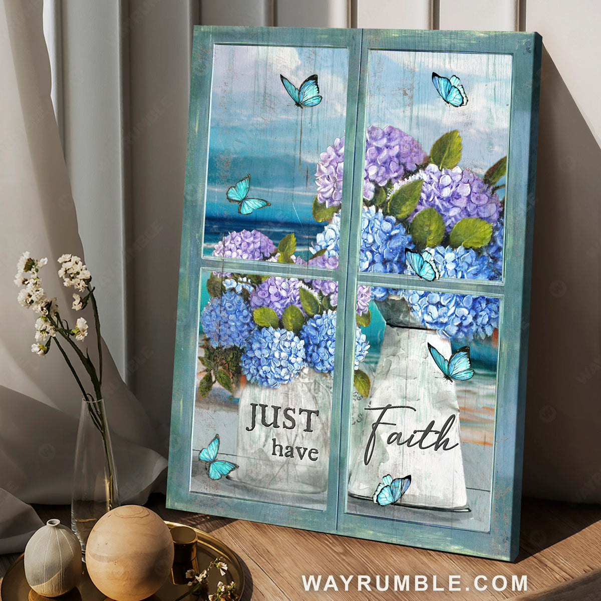 Beautiful hydrangea, Blue ocean, Pretty butterfly, Just have faith - Jesus Portrait Canvas Prints, Christian Wall Art