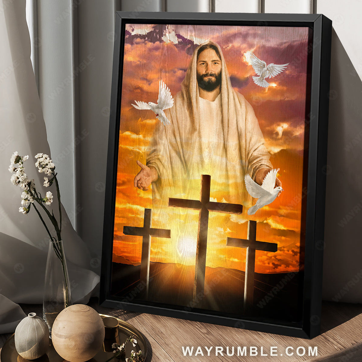 Orange sunset, Awesome Jesus painting, Lovely dove, Cross symbol - Jesus Portrait Canvas Prints, Home Decor Wall Art