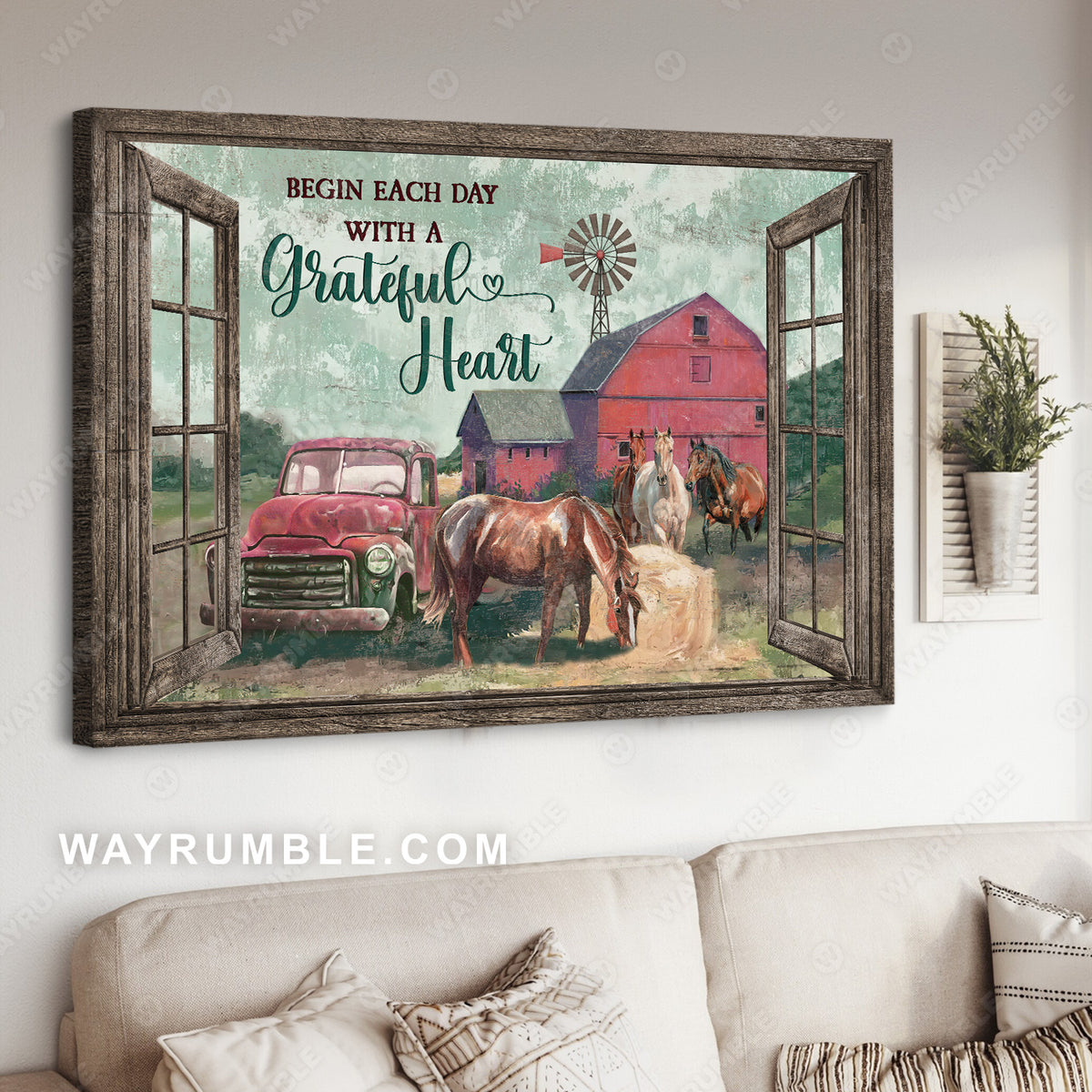 Dream horses, Red ladybug car, Beautiful house, Begin each day with a grateful heart - Jesus Landscape Canvas Prints, Christian Wall Art