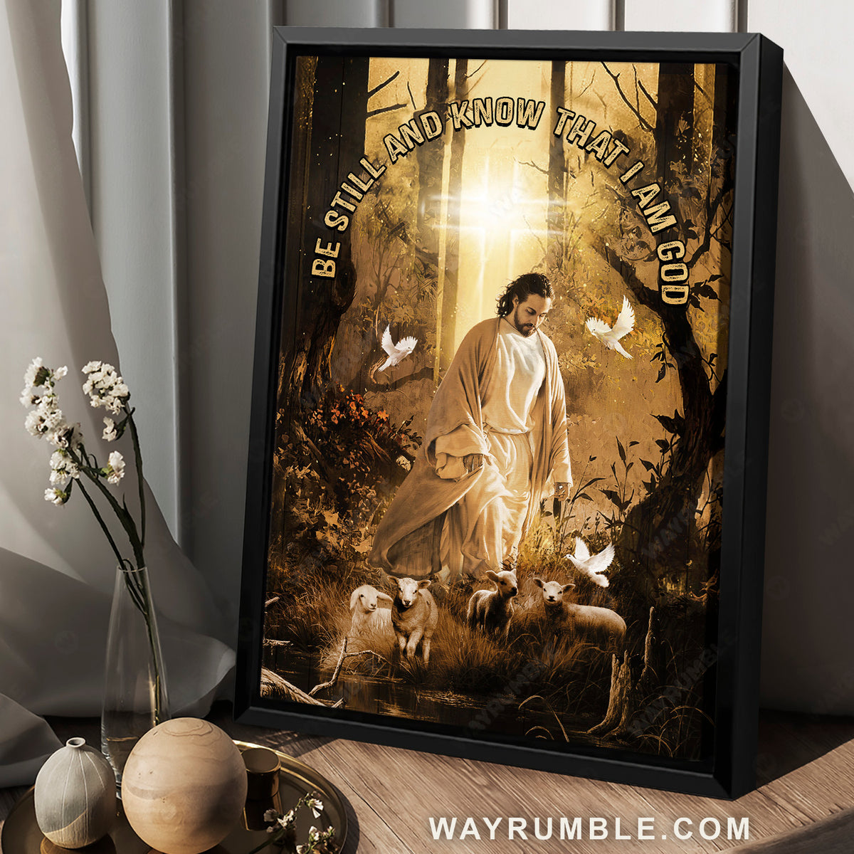 Walking with Jesus, Lovely lambs, White dove, Be still and know that I am God - Jesus Portrait Canvas Prints, Home Decor Wall Art