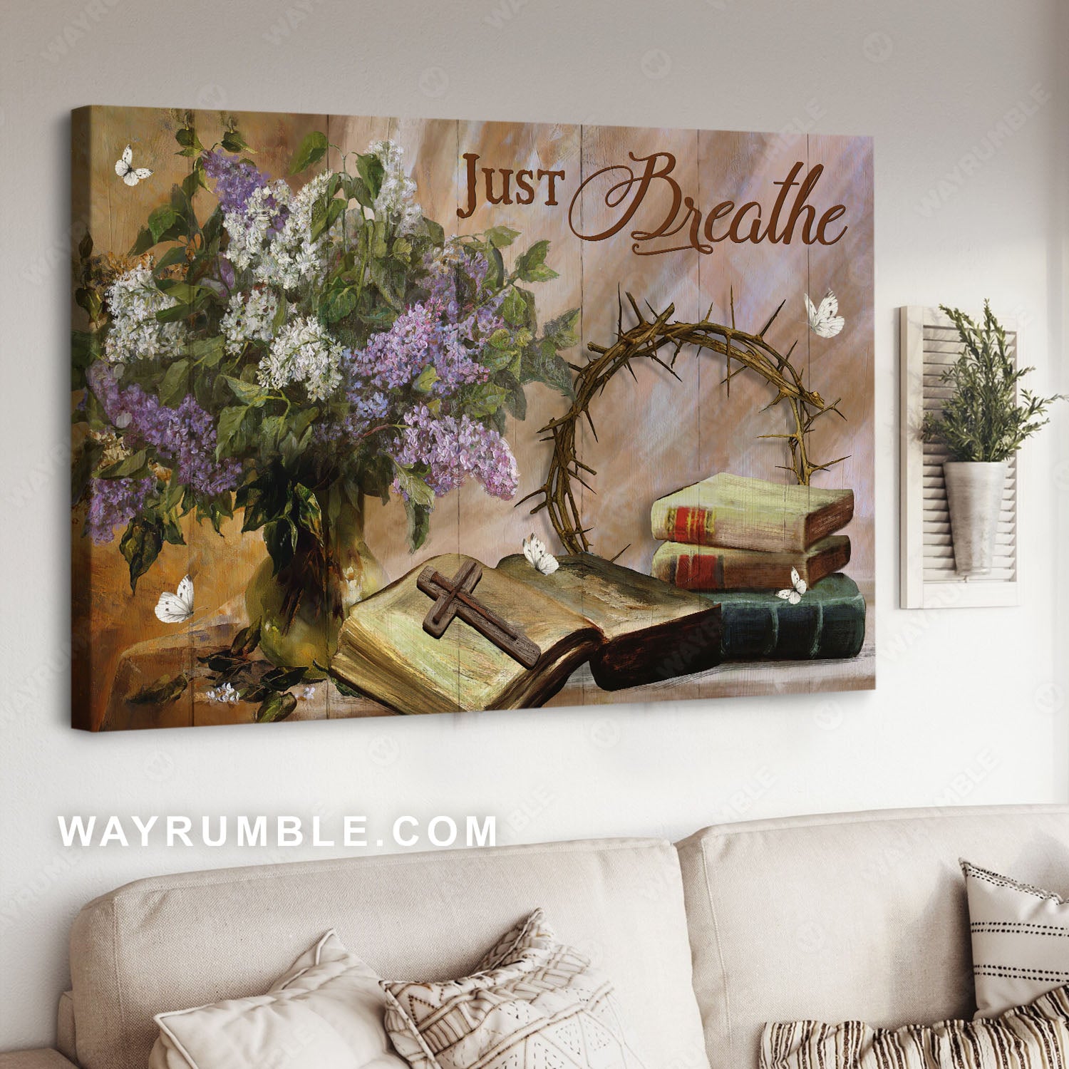 Chinese wisteria flower, Crown of thorn, Antique bible, Just breathe - Jesus Landscape Canvas Prints, Christian Wall Art