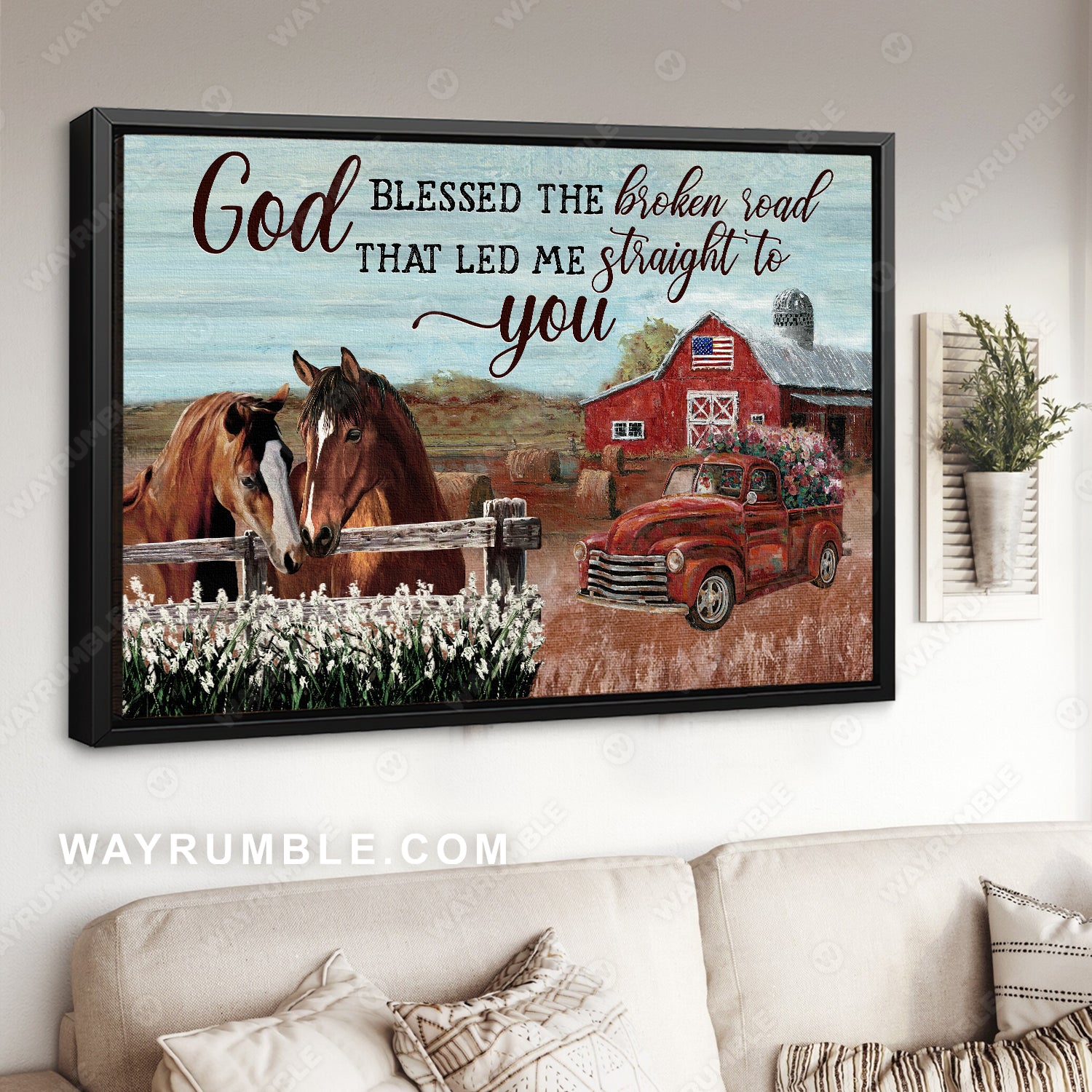 Quarter horses, White flower field, Ladybug car, God blessed the broken road - Jesus Landscape Canvas Prints, Christian Wall Art