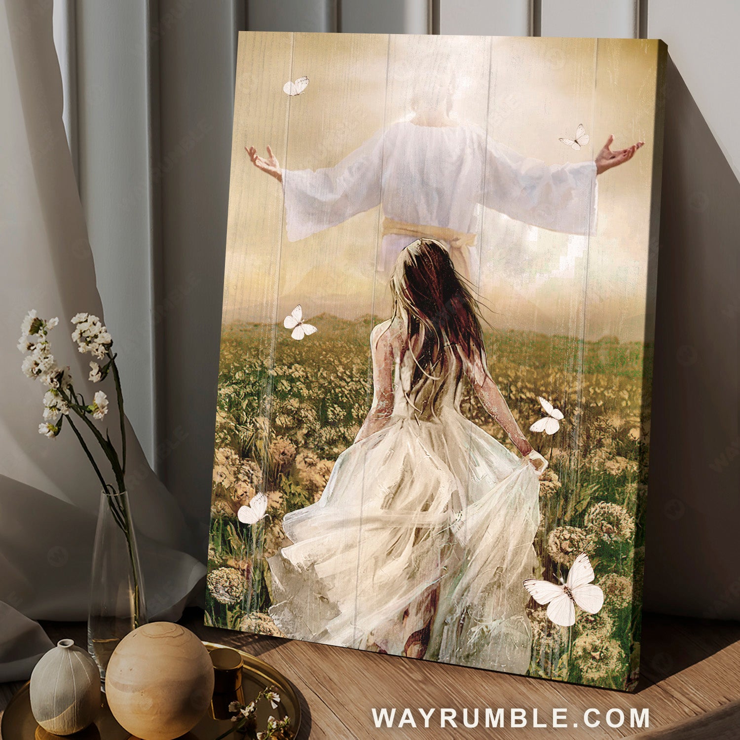 Pretty girl painting, Walking with Jesus, Flower field artwork - Jesus Portrait Canvas Prints, Home Decor Wall Art