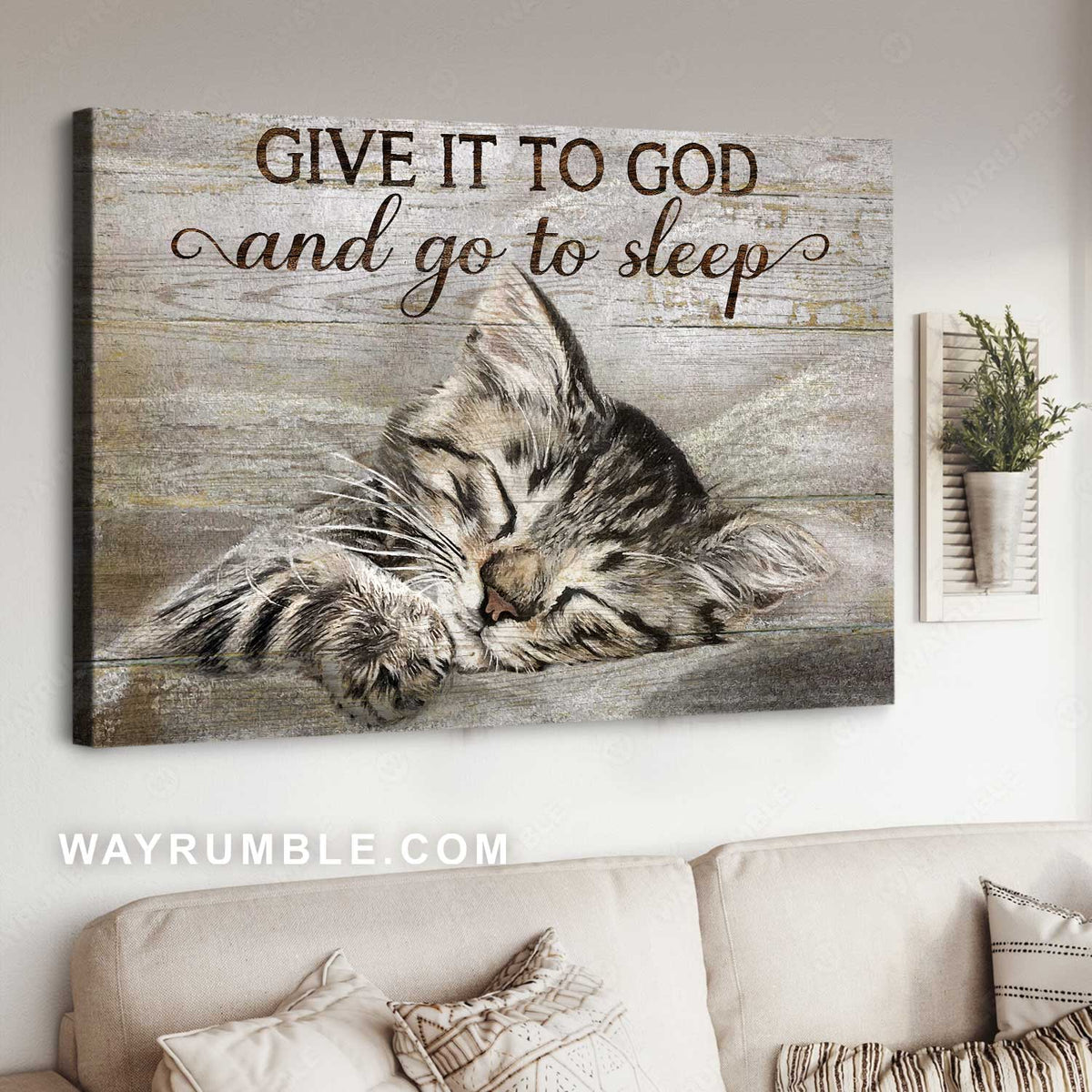 Little cat, Sweet drawing, Home Decor, Give it to God and go to sleep - Jesus Landscape Canvas Prints, Home Decor Wall Art