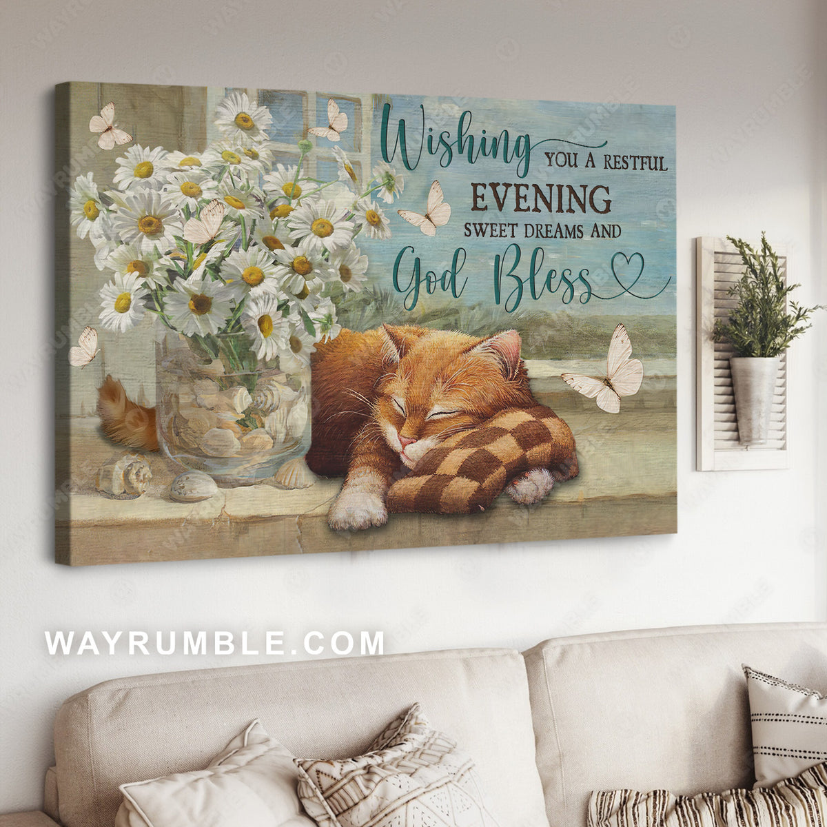 Daisy vase, Brown cat, Cat drawing, Wishing you a restful evening sweet dreams - Jesus Landscape Canvas Prints, Christian Wall Art