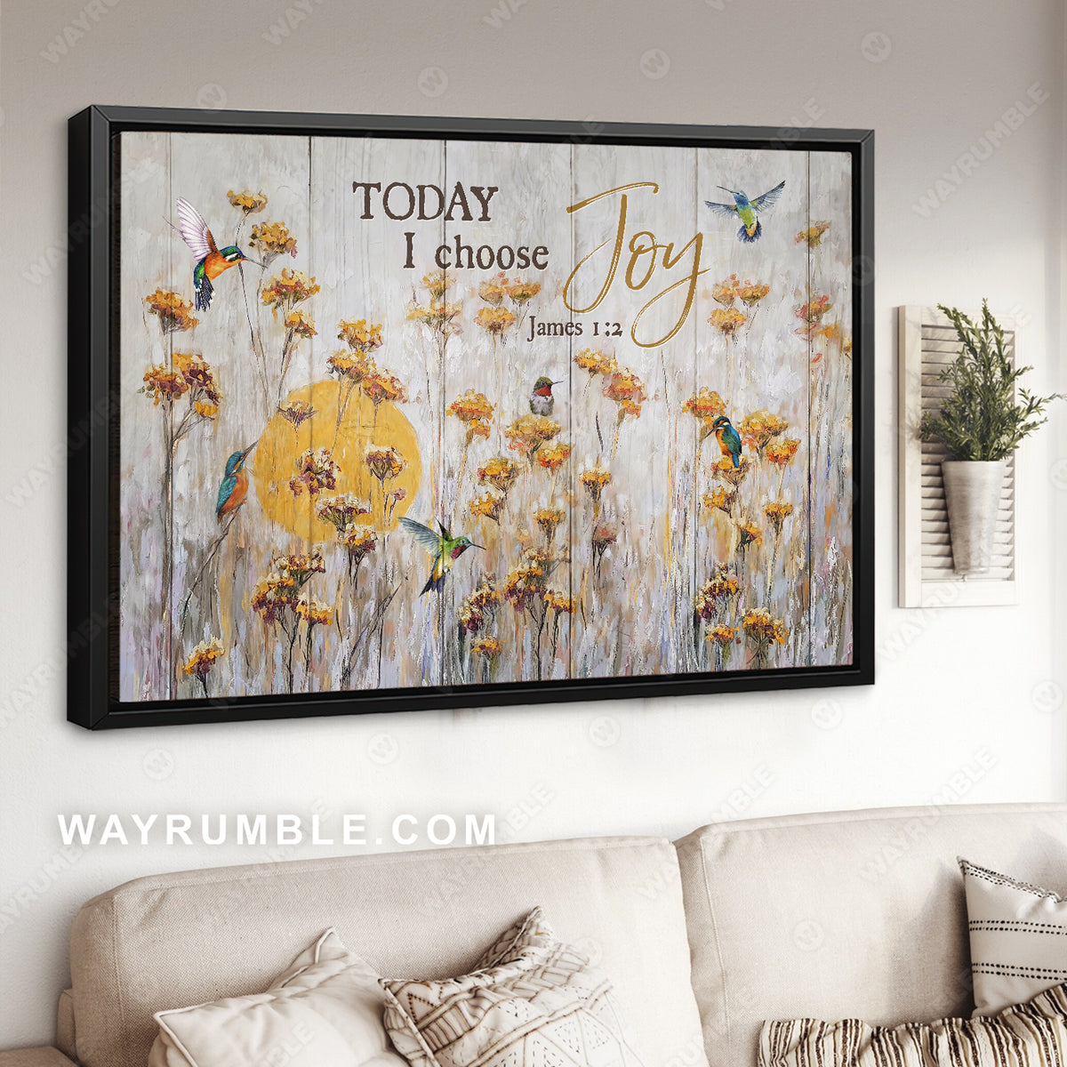 Yellow flower field, Beautiful hummingbird, Today I choose joy - Jesus Landscape Canvas Prints, Home Decor Wall Art