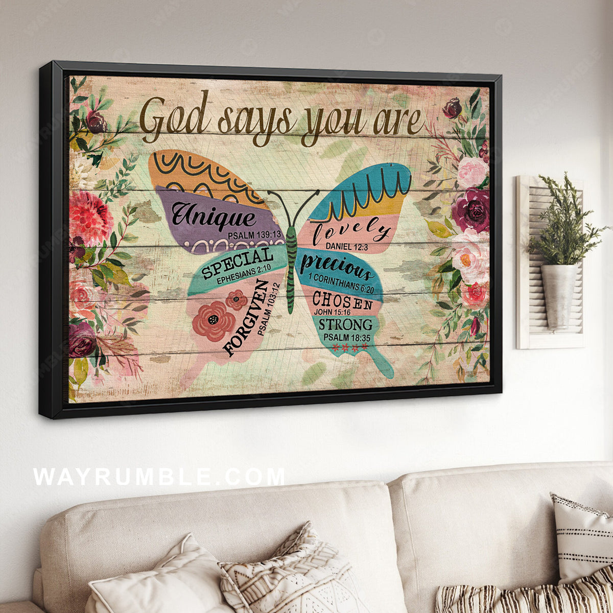Lovely butterfly, Pretty flower frame, God says you are unique - Jesus Landscape Canvas Prints, Home Decor Wall Art