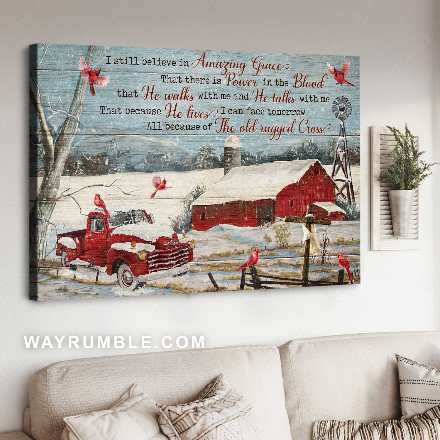 Lovely countryside, Winter drawing, Cardinal, I still believe in amazing grace - Jesus Landscape Canvas Prints, Home Decor Wall Art