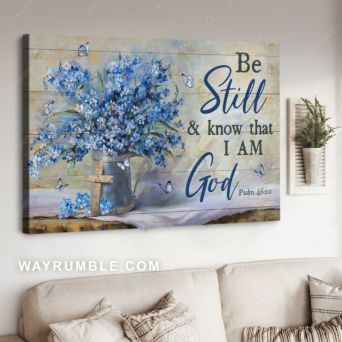 Blue flower, Beautiful butterfly, Cross symbol, Be still and know that I am God - Jesus Landscape Canvas Prints, Living Room Wall Art