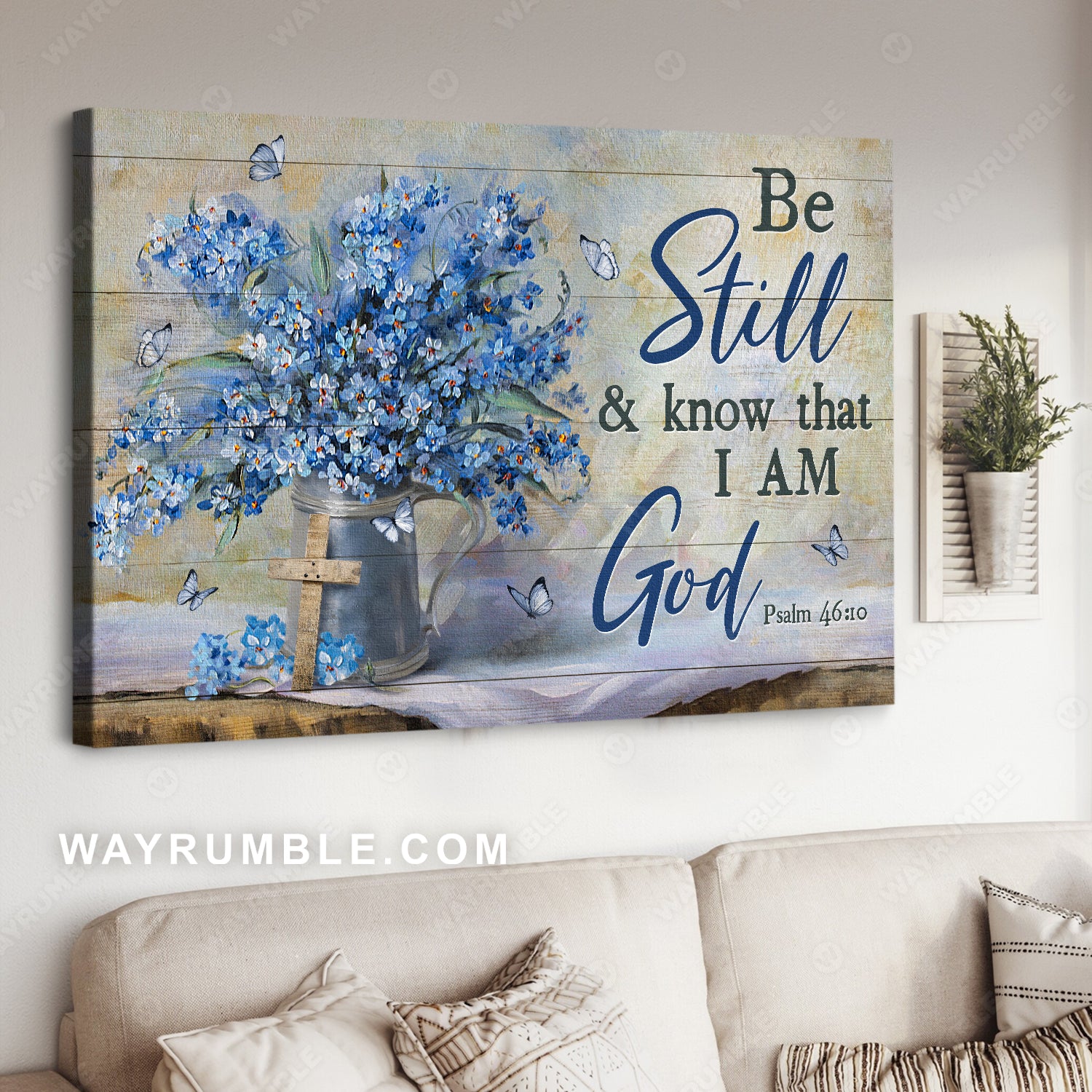Blue flower, Beautiful butterfly, Cross symbol, Be still and know that I am God - Jesus Landscape Canvas Prints, Living Room Wall Art