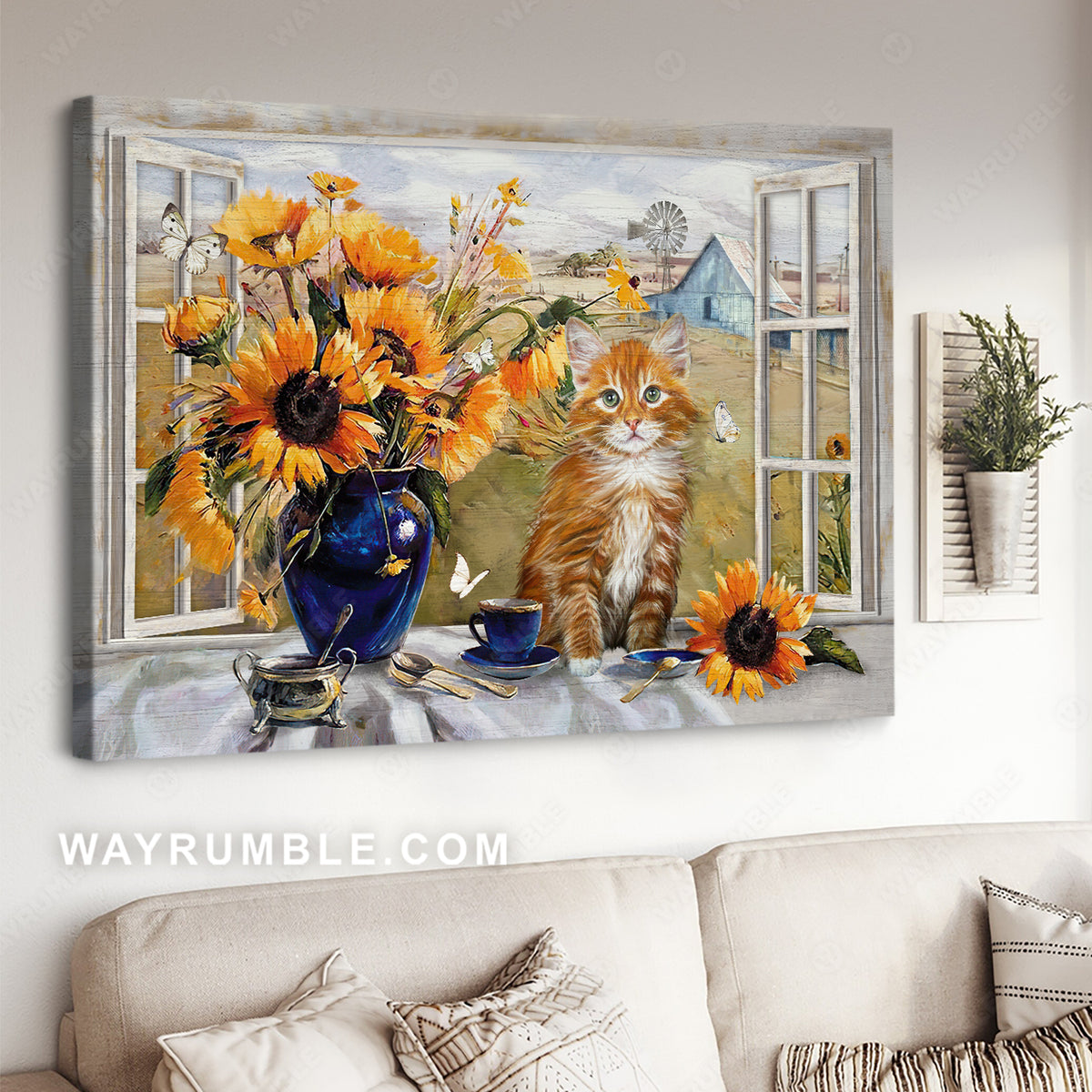 Sunflower painting, Cute cat, Tea cup, Peace farm - Jesus Landscape Canvas Prints, Christian Wall Art