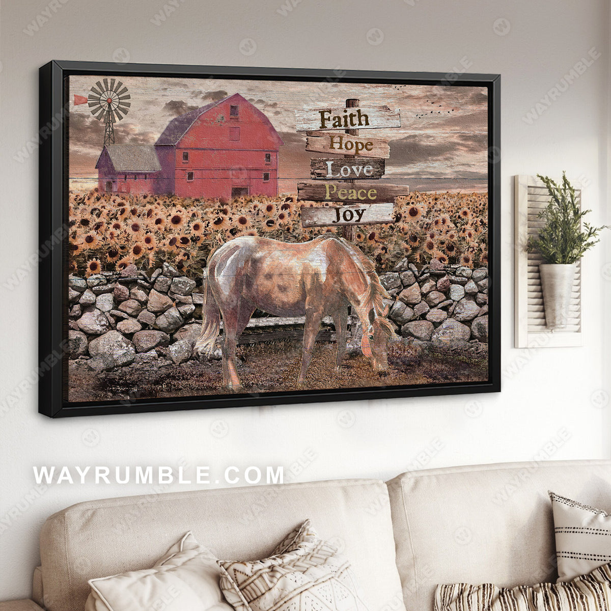 Sunflower farm, Brown horse, Red house, Faith, Hope, Love - Jesus Landscape Canvas Prints, Christian Wall Art