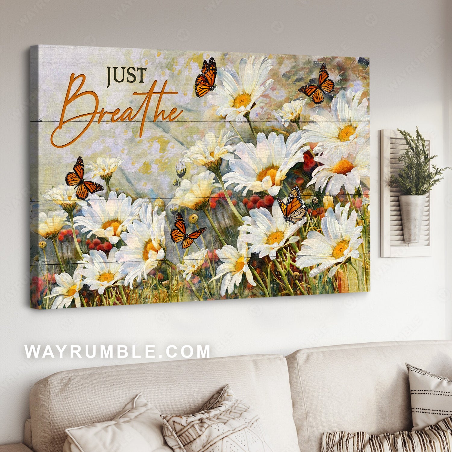 Pretty daisy field, Orange butterfly, Sunny day, Just breathe - Jesus Landscape Canvas Prints, Christian Wall Art