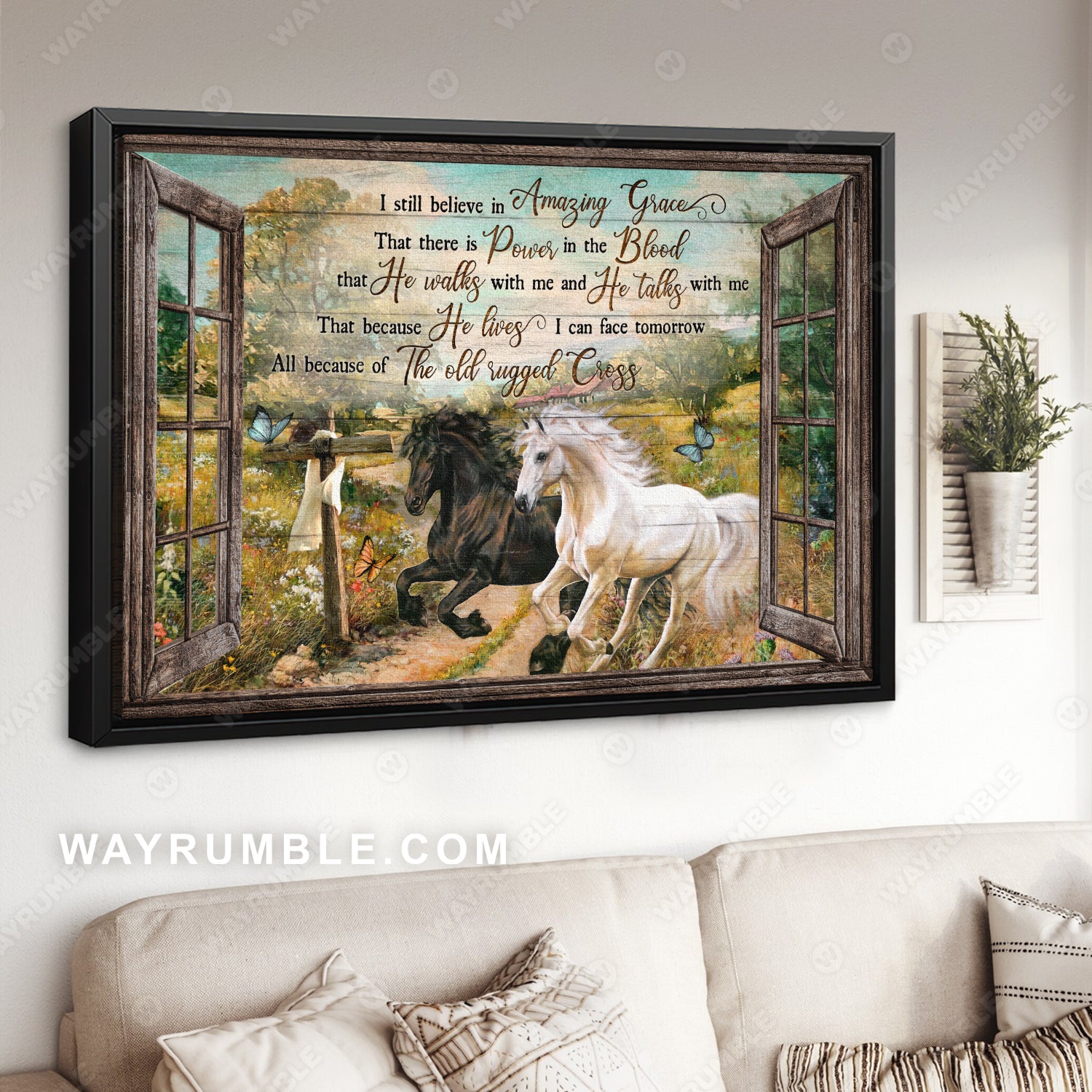 Running horses, Brilliant flower field, Spring painting, I still believe in amazing grace - Jesus Landscape Canvas Prints, Christian Wall Art