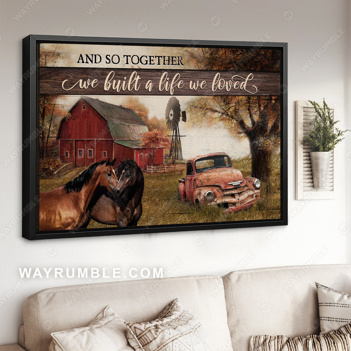 Old ladybug car, Brown horses, Red house, And so together we built a life we loved - Jesus Landscape Canvas Prints, Wall Art