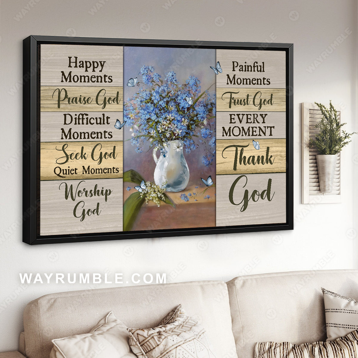 Blue flower, Still life painting, Pretty butterfly, Happy moment Thank God - Jesus Landscape Canvas Prints, Christian Wall Art