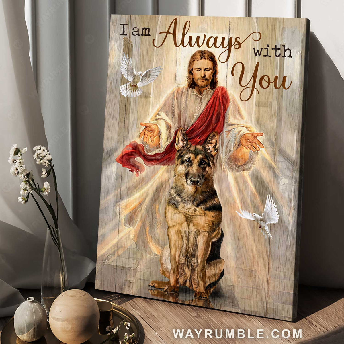 Angry German Shepherd, Jesus artwork, White dove, I&#39;m always with you - Jesus Portrait Canvas Prints, Home Decor Wall Art