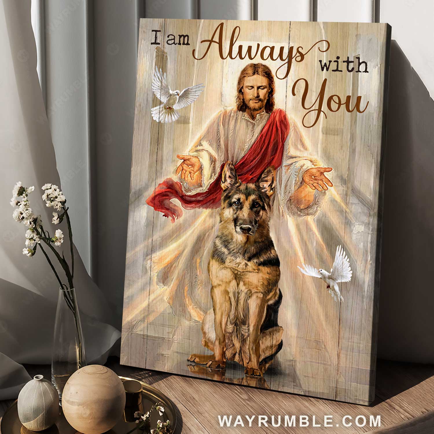 Angry German Shepherd, Jesus artwork, White dove, I'm always with you - Jesus Portrait Canvas Prints, Home Decor Wall Art