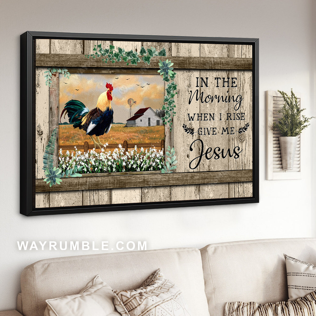 Rooster drawing, White flower field, Sunset, In the morning when I rise, give me Jesus - Jesus Landscape Canvas Prints, Christian Wall Art