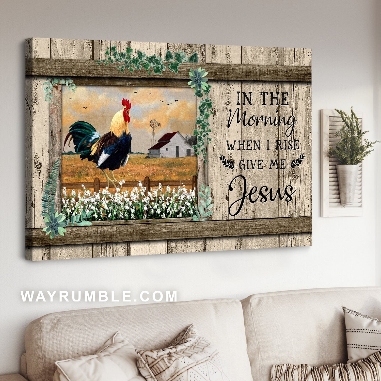 Rooster drawing, White flower field, Sunset, In the morning when I rise, give me Jesus - Jesus Landscape Canvas Prints, Christian Wall Art
