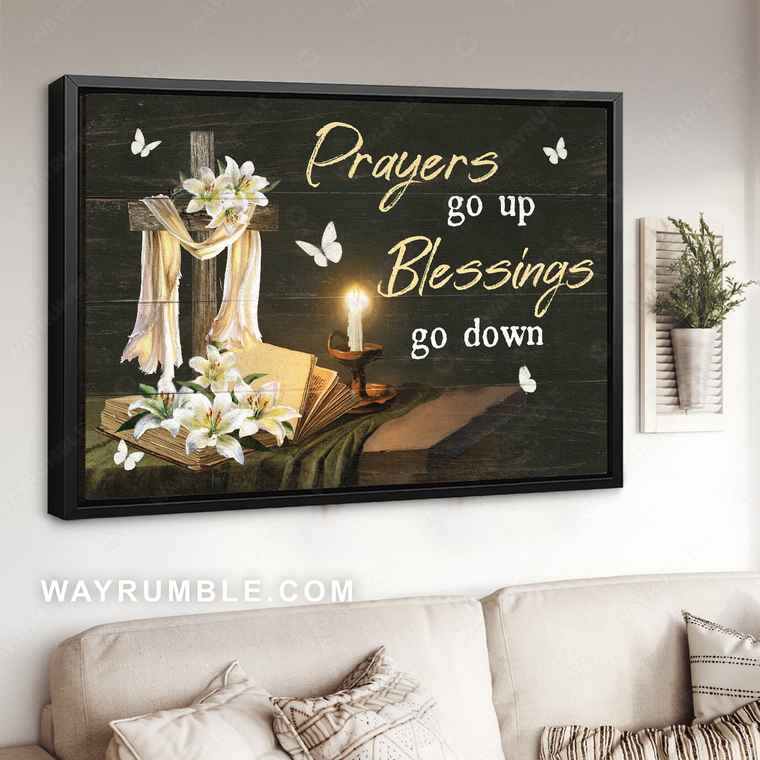 Candle drawing, White lily flower, Wooden cross, Prayers go up, Blessings go down - Jesus Landscape Canvas Prints, Christian Wall Art