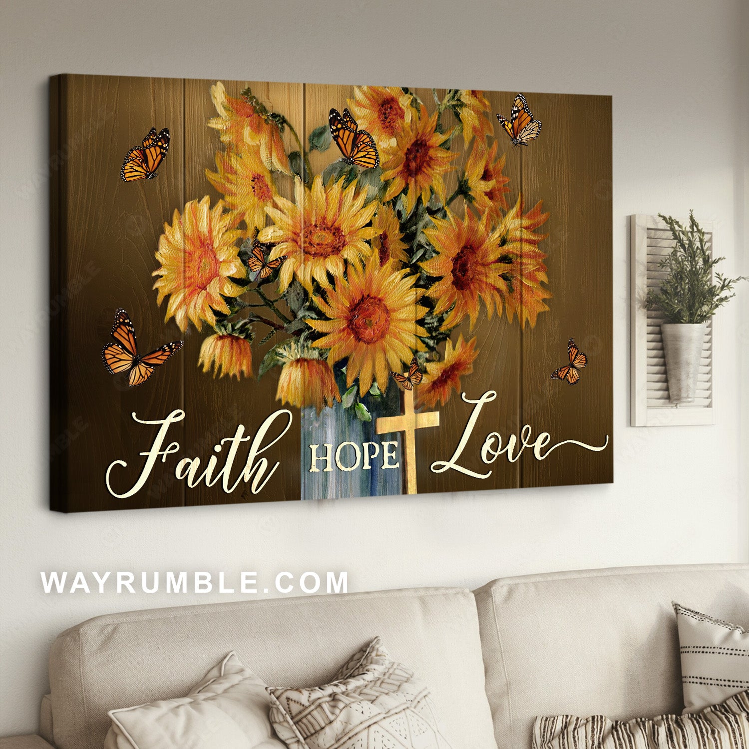 Stunning monarch butterfly, Watercolor sunflower, Faith, Hope, Love - Jesus Landscape Canvas Prints, Home Decor Wall Art