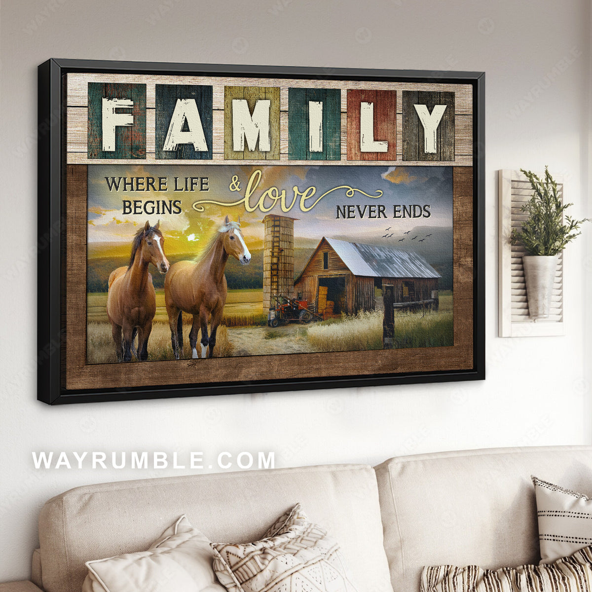 Brown horses, Old barn, Countryside drawing, Family, Where life begins and love never dies - Jesus Landscape Canvas Prints, Christian Wall Art
