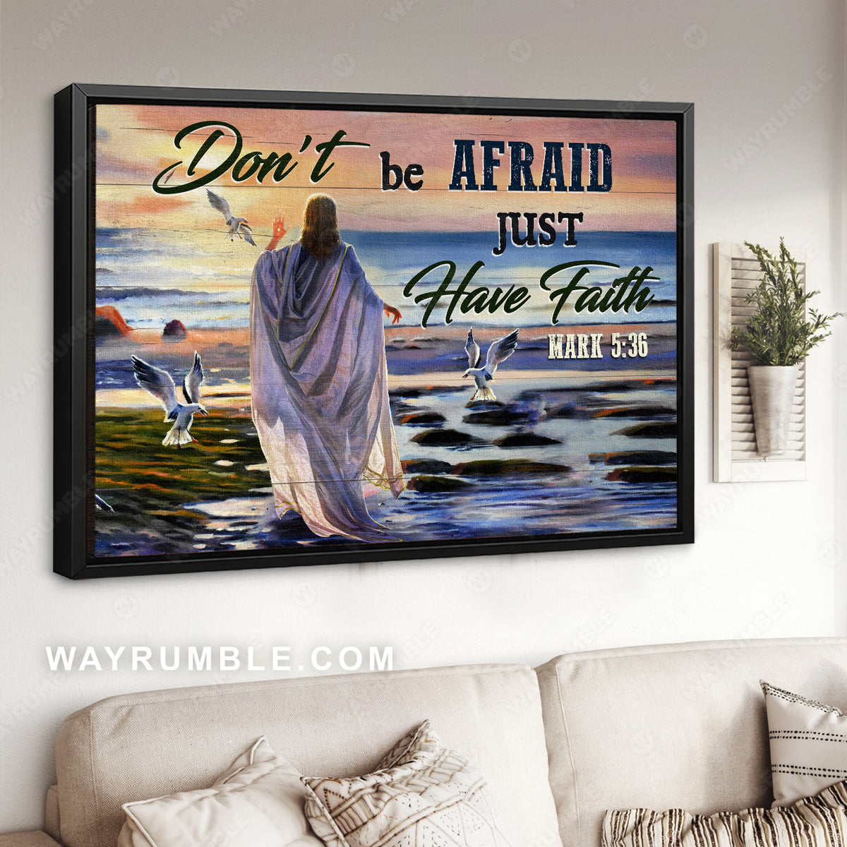 Colorful sunset, Seagull drawing, Don&#39;t be afraid, Just have faith - Jesus Landscape Canvas Prints, Christian Wall Art
