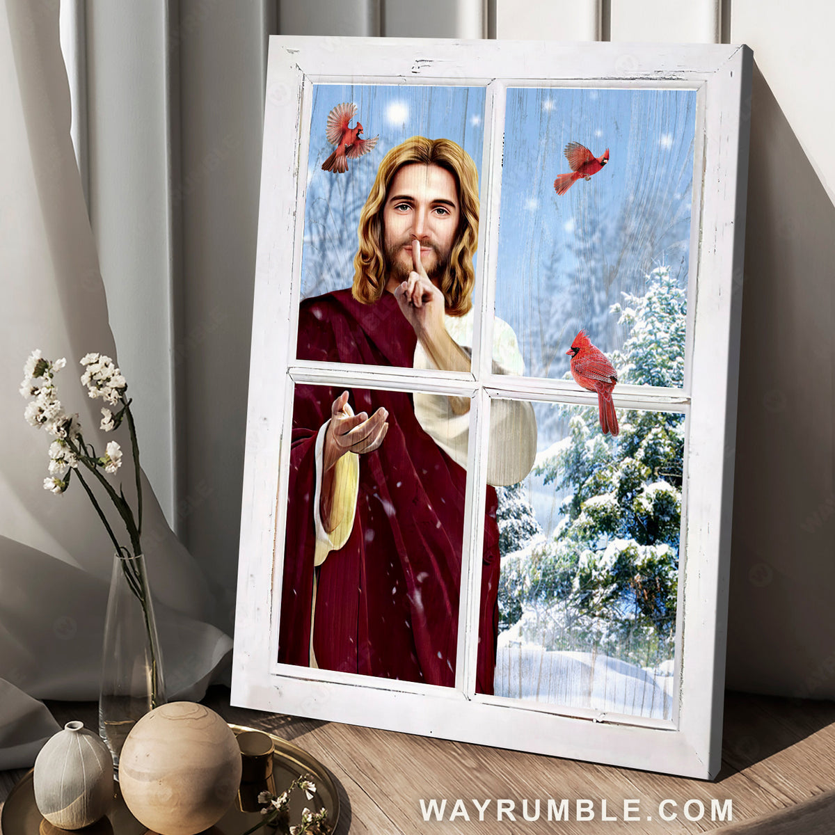 Winter drawing, Jesus is King, Pretty cardinal, White snow - Jesus Portrait Canvas Prints, Home Decor Wall Art