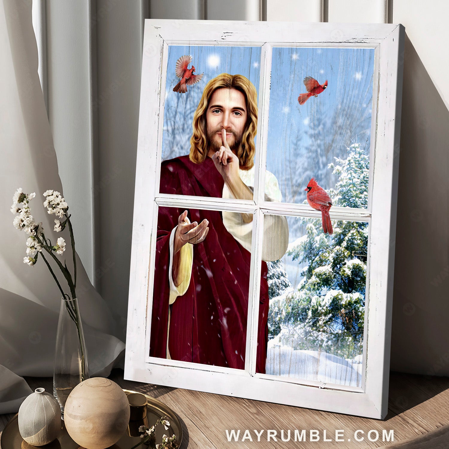 Winter drawing, Jesus is King, Pretty cardinal, White snow - Jesus Portrait Canvas Prints, Home Decor Wall Art