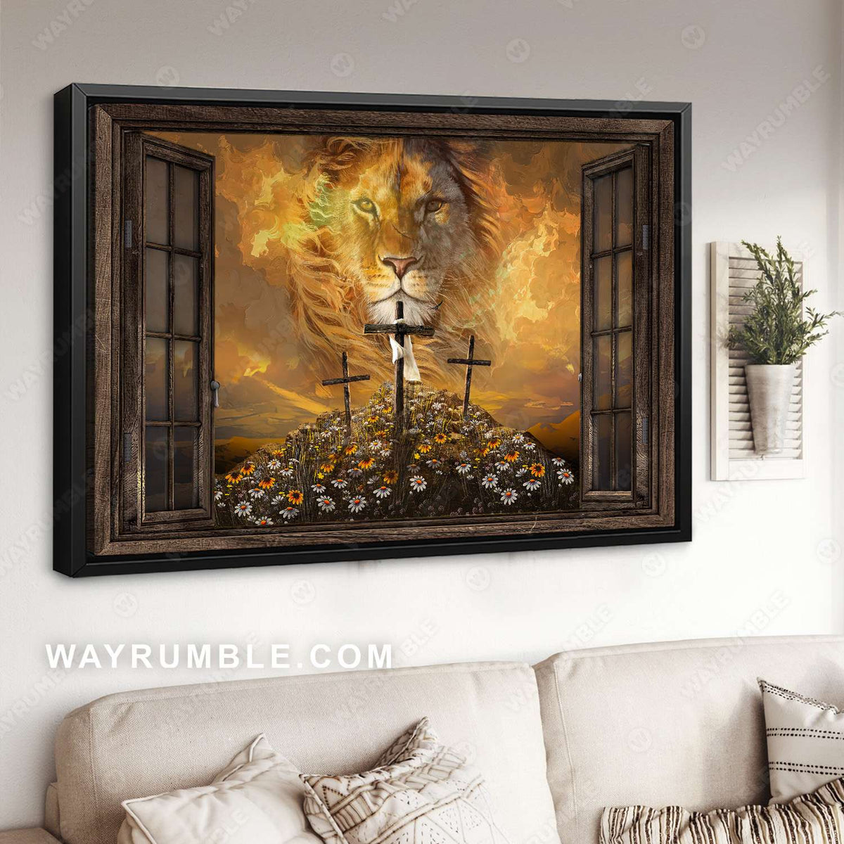 King of Kings, Lion drawing, Daisy field, Cross symbol - Jesus Landscape Canvas Prints, Christian Wall Art