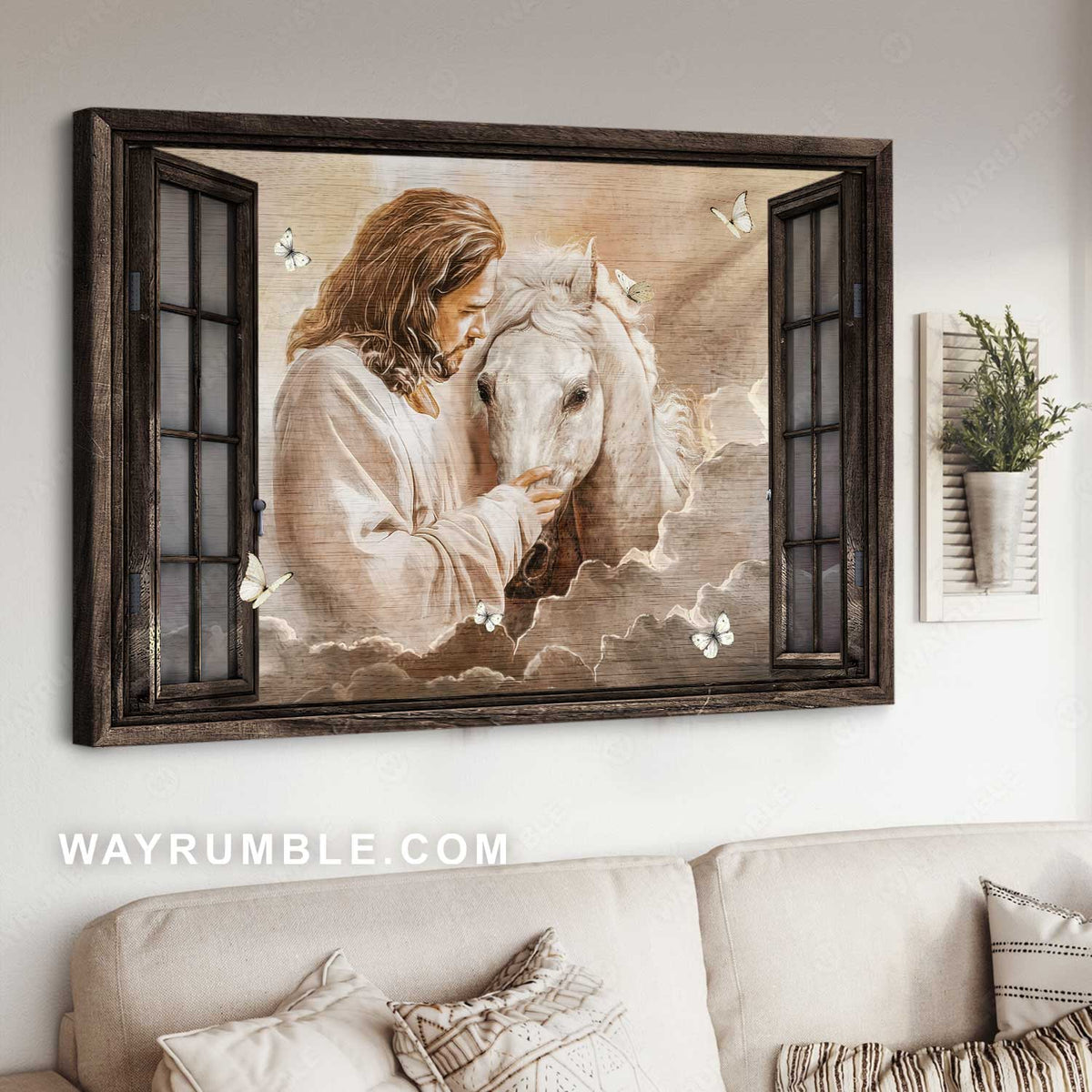 White horse painting, Walking with Jesus, Heaven drawing - Jesus Landscape Canvas Prints, Home Decor Wall Art