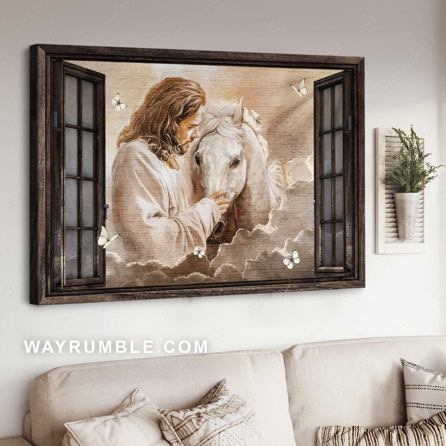White horse painting, Walking with Jesus, Heaven drawing - Jesus Landscape Canvas Prints, Home Decor Wall Art