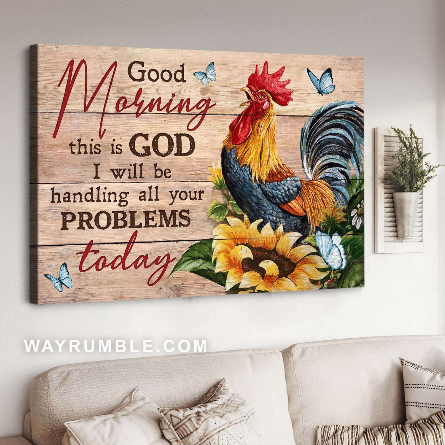 Sunflower, Rooster painting, Good morning, This is God - Jesus Landscape Canvas Prints, Wall Art