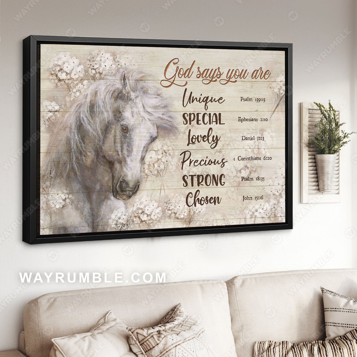 Dream horse, White flower garden, God says you are unique - Jesus Landscape Canvas Prints, Christian Wall Art