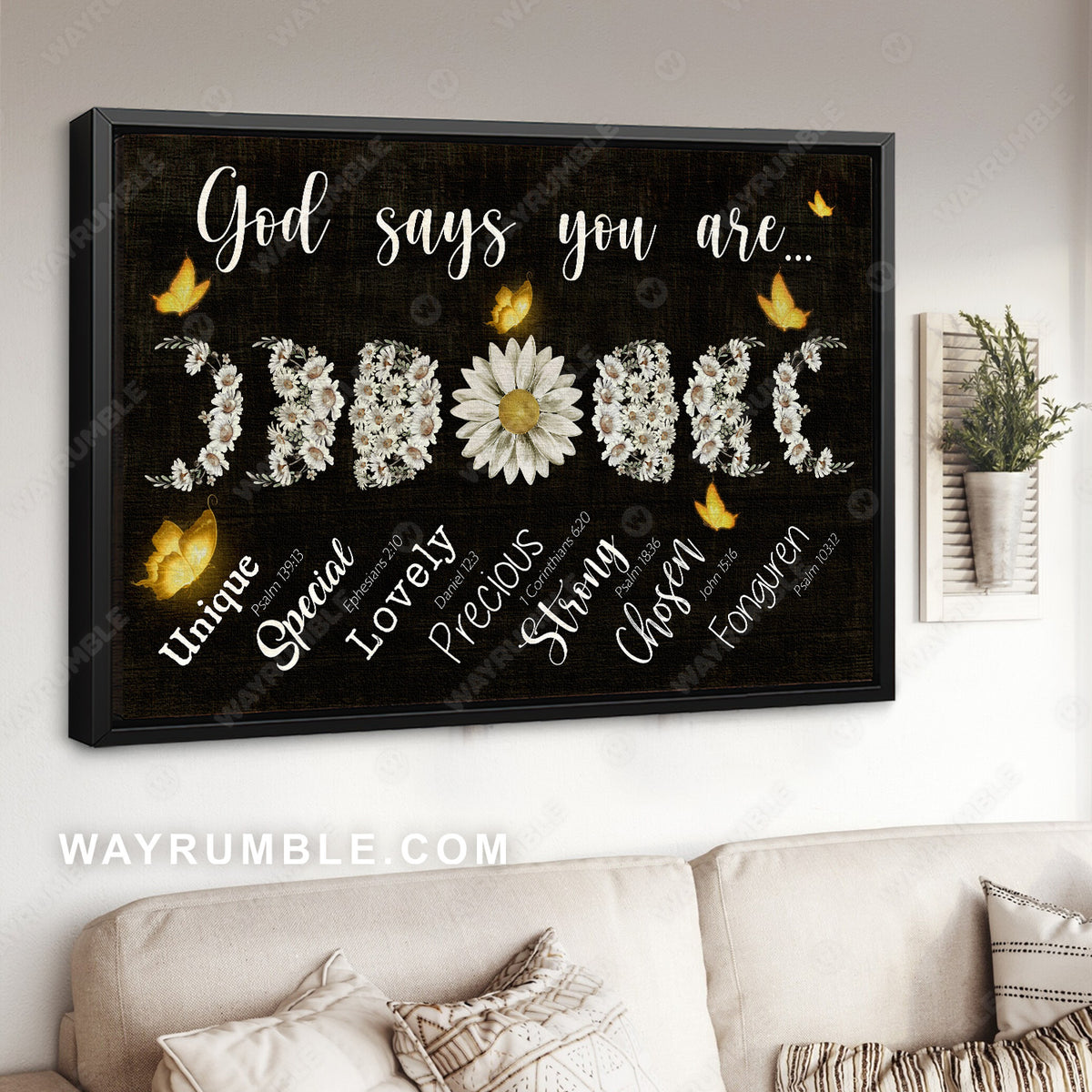 Unique daisy, Yellow butterfly, Black background, God says you are unique - Jesus Landscape Canvas Prints, Christian Wall Art
