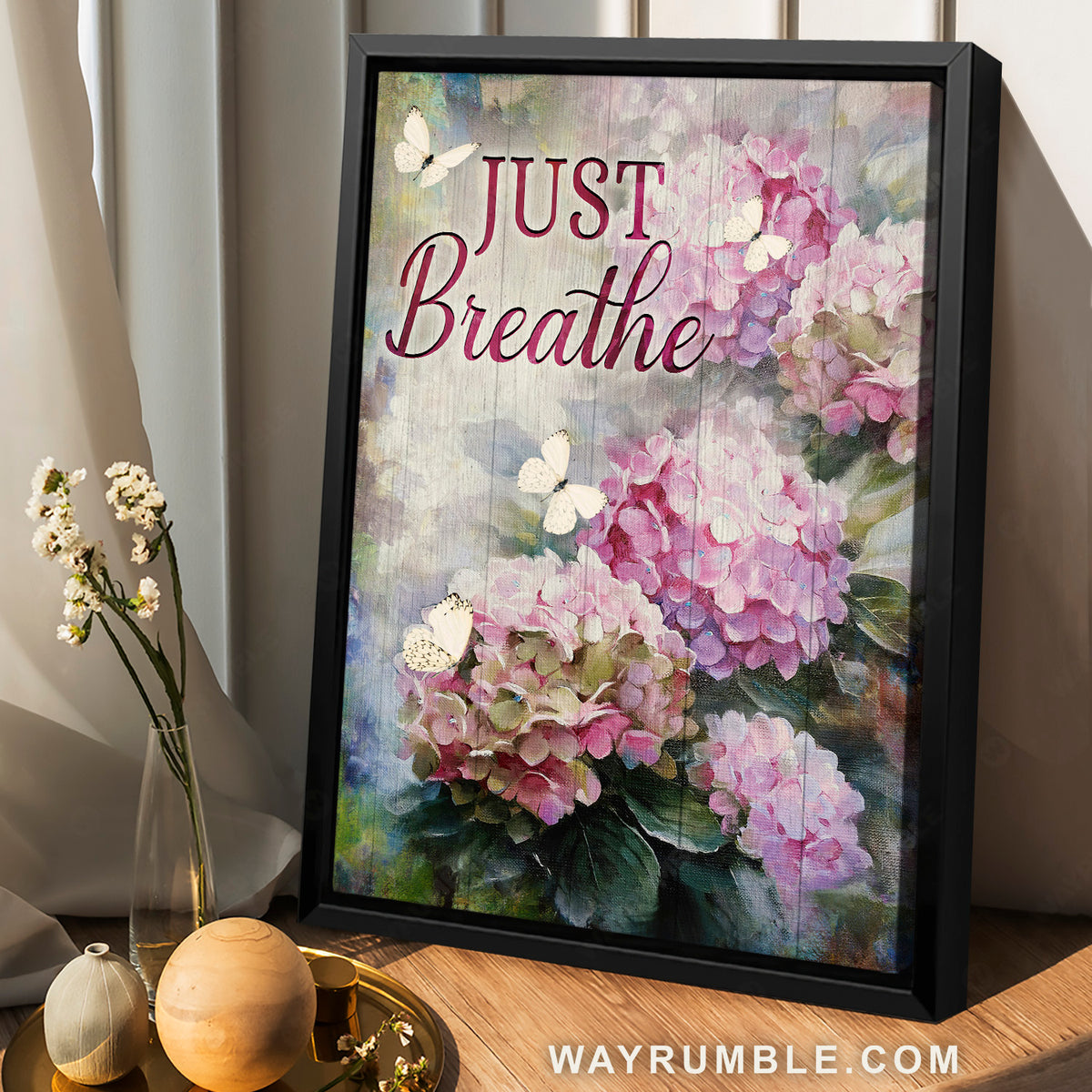 Pink hydrangea, Stunning flower garden, Small butterfly, Just breathe - Jesus Portrait Canvas Prints, Home Decor Wall Art