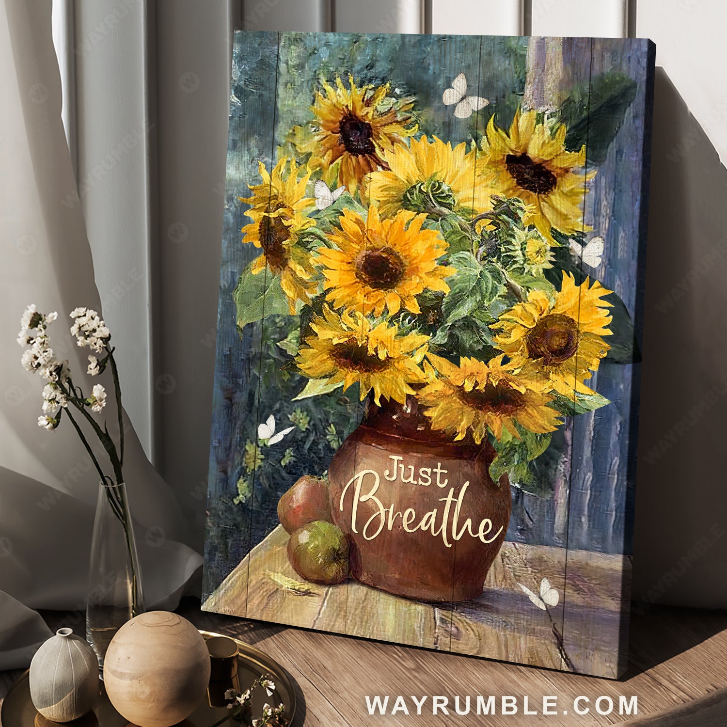 Still life artwork, Watercolor sunflower, White butterfly, Just breathe - Jesus Portrait Canvas Prints, Home Decor Wall Art