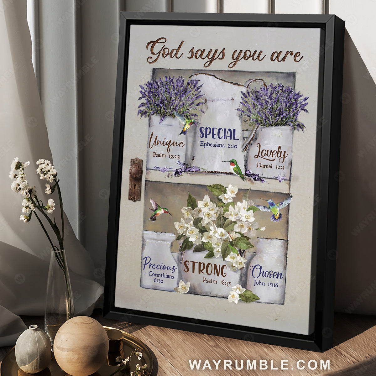 Pretty lavender, Jasmine vase, Hummingbird drawing, God says you are - Jesus Portrait Canvas Prints, Home Decor Wall Art