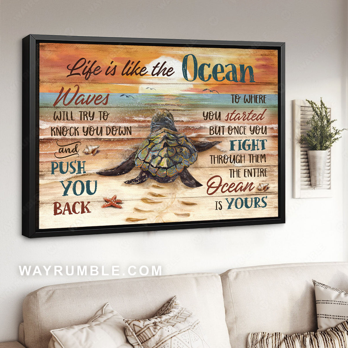 Stunning sea turtle, Orange sunset, Life is like the ocean - Jesus Landscape Canvas Prints, Christian Wall Art