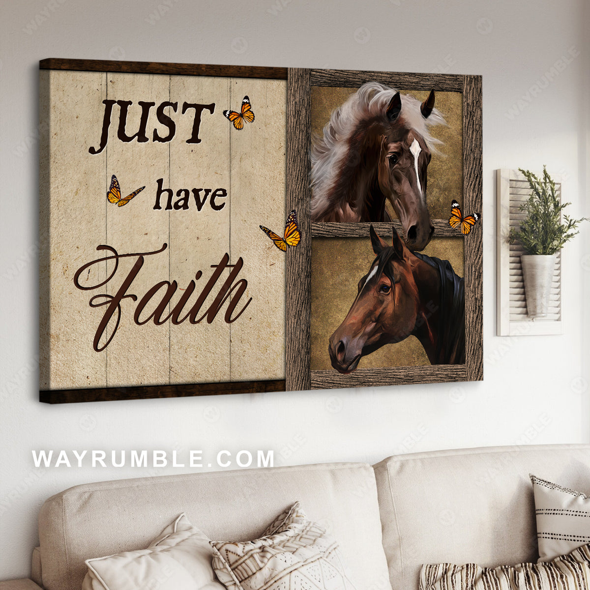 Beautiful horse, Orange butterfly, Wooden background, Just have faith - Jesus Landscape Canvas Prints, Christian Wall Art